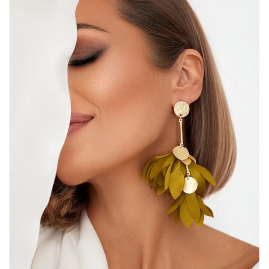 Olive Green Satin Blossom Flower Earrings with Gold Finishing