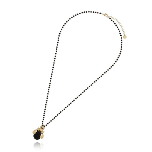 Long Black Crystal Necklace with Black Beetle Midnight