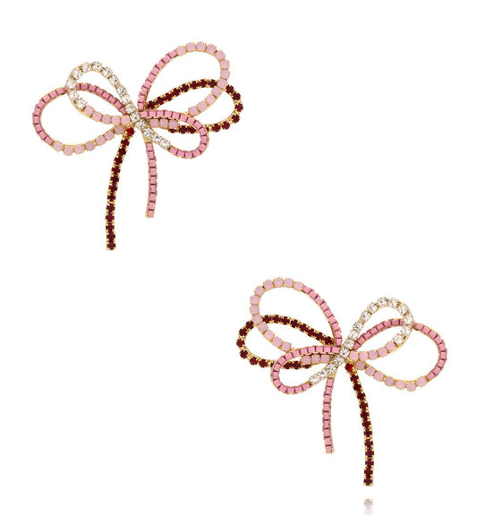 Pink and Burgundy Crystals Triple Bow Earrings