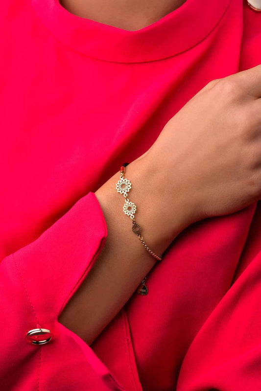 14k Gold Plated Flowers and Black String Bracelet (CL)