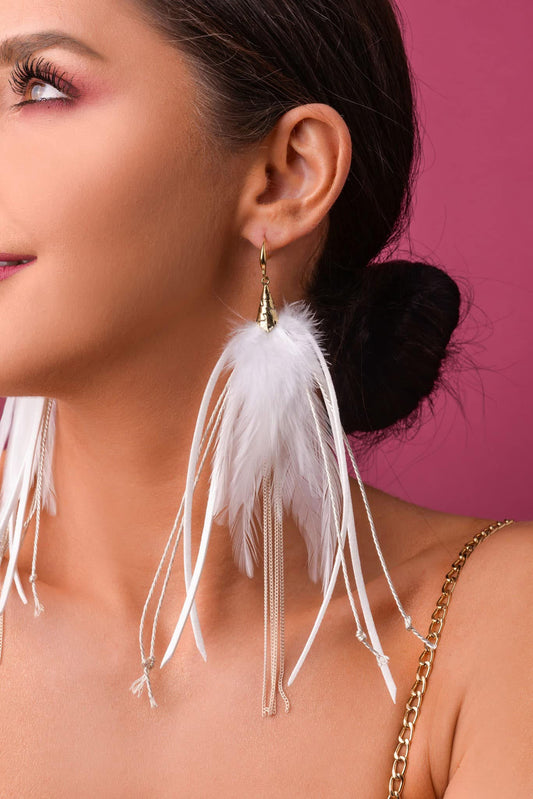 White Feather Earrings with Leather Strings and Chains (cl)