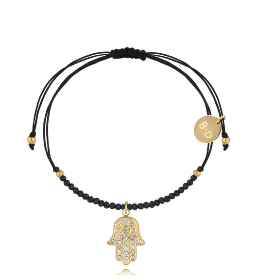 Black String & Tourmaline Stones Bracelet with Zirconium Hasma Hand Pendant