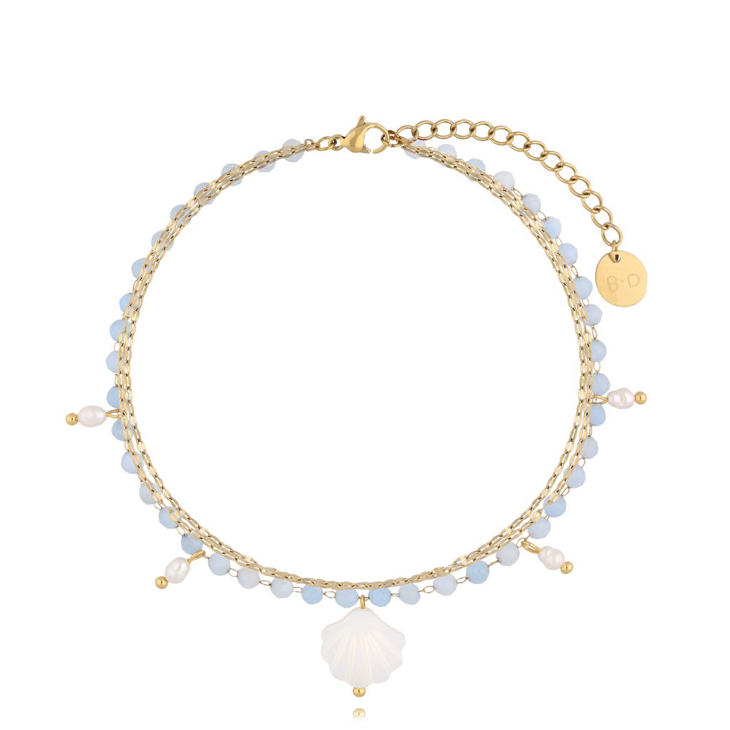 Triple Chain Blue Jadeite Anklet with Pearl Seashell