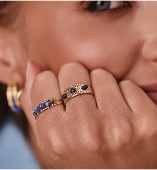 Gold Plated Adjustable Ring with Blue Sodalite Stones 0028