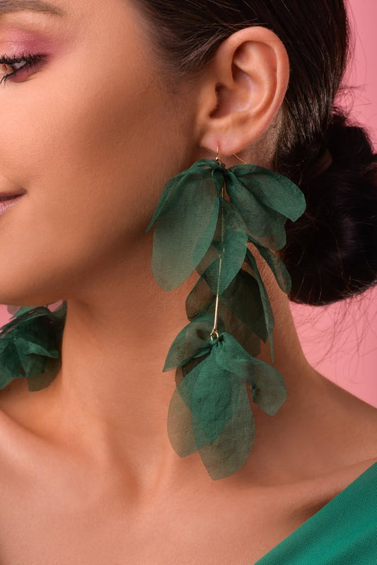 Green Multi Leaf Silk Flower Earrings