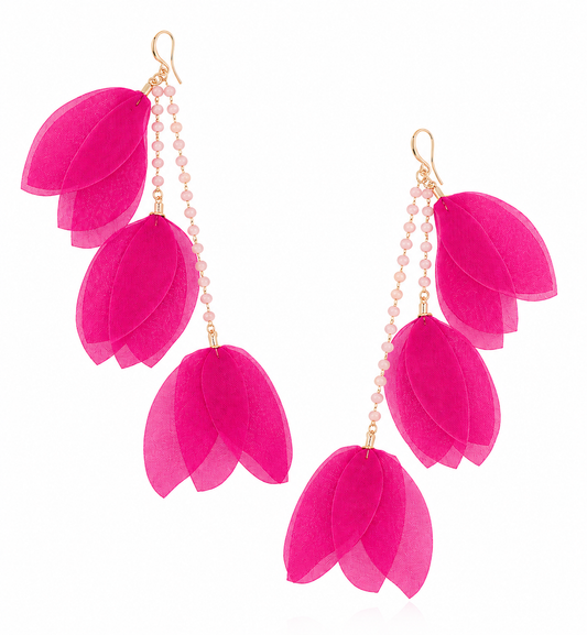 Pink Silk Flower Earrings with Beads Tulip