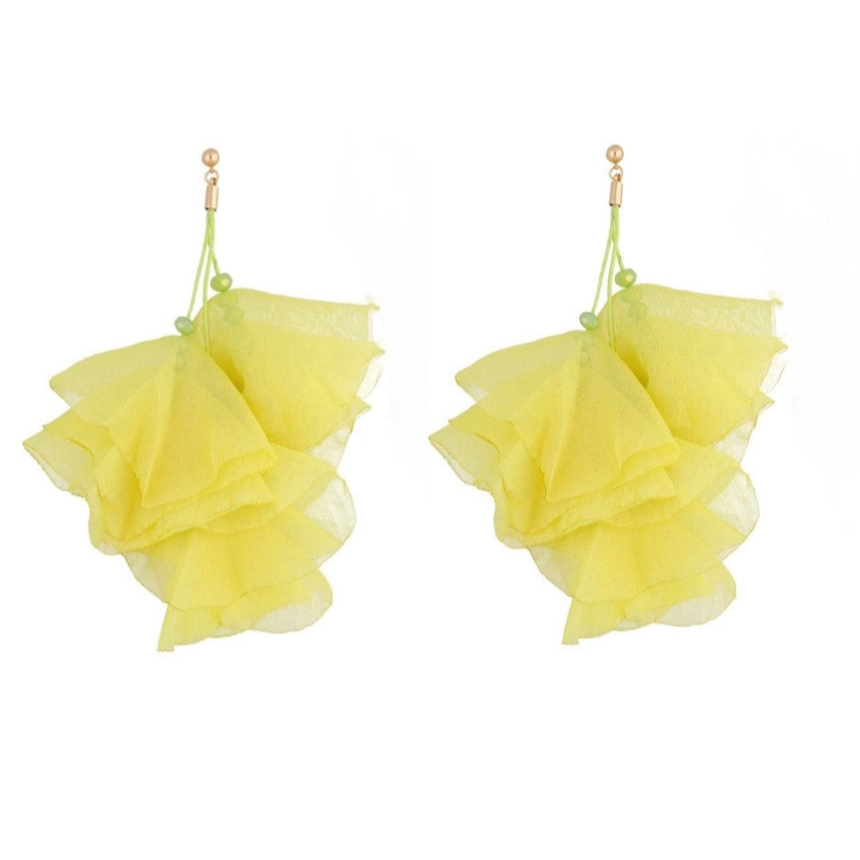 Shimmering Lemon with Green Beads Silk Flower Earrings
