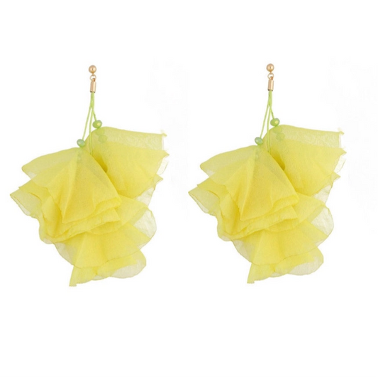 Shimmering Lemon with Green Beads Silk Flower Earrings