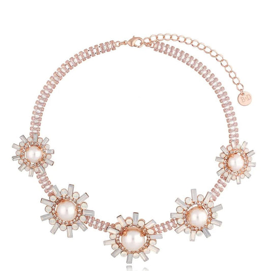 Rose Gold & Milk White Crystals Necklace with Pearl Flowers