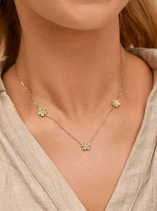 14k Gold Plated Crystal Flowers Necklace
