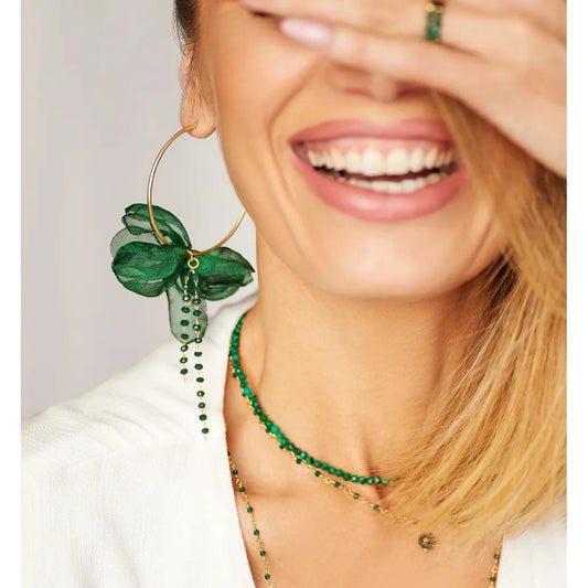 Pine Green Silk Flower Hoops Earrings
