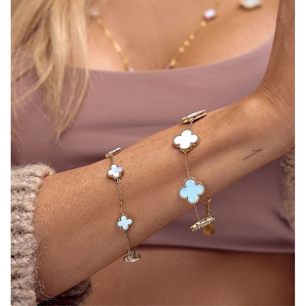 Gold Plated Bracelet with Large White Pearl Clovers