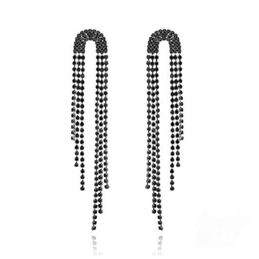 Glamour Evening Round Tassel Earrings with Black Zircons