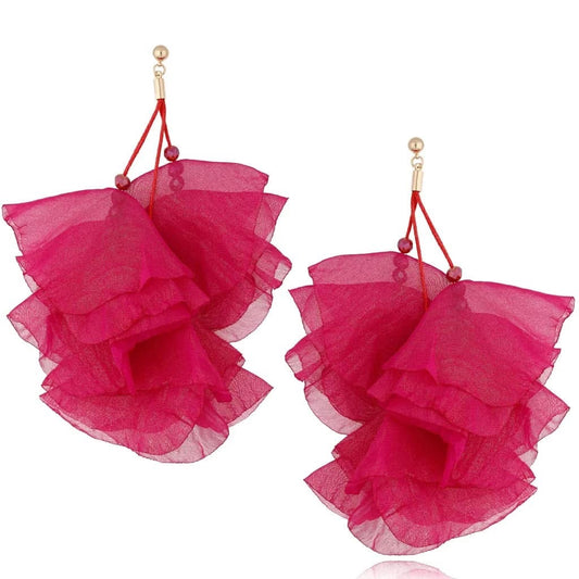 Multi Layer Silk Flower Earrings in Fuchsia with Gold Shimmer