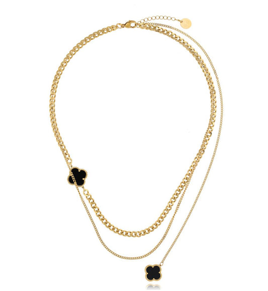 Gold Plated Double Chain Necklace with Black Enamel Clover