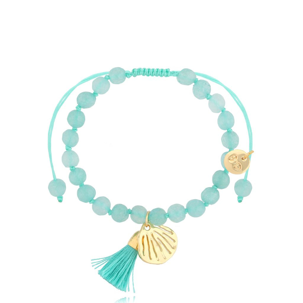 Turquoise Jadeite Stones Bracelet with Fringe and Gold Shell Pendant