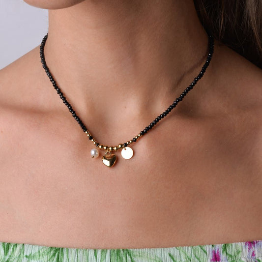 Gold Plated Black Crystals Necklace with Heart and Pearl