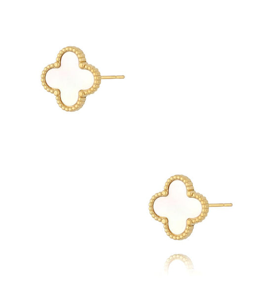 Gold Plated White Enamel Clover Studs 0199