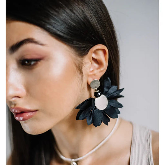 Black Satin Flower Earrings with Silver Finishing