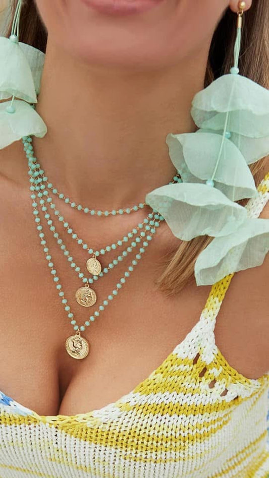 Mint Green Glass Crystals Waterfall Necklace with Gold Coins (CL)