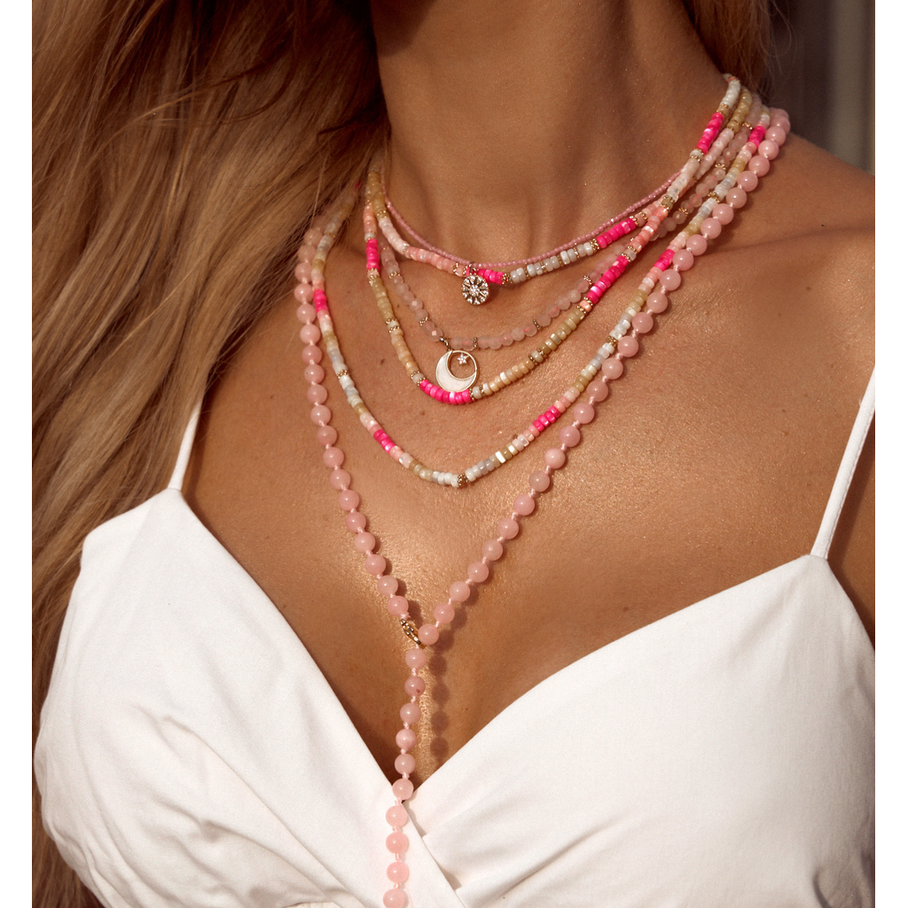 Pink Quartz Stones Long Necklace with Teardrop Pendant