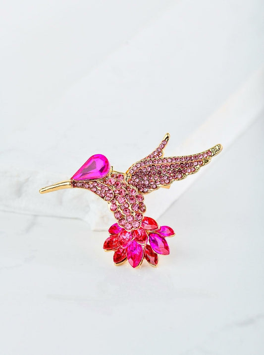 Pink Crystals Hummingbird Brooch