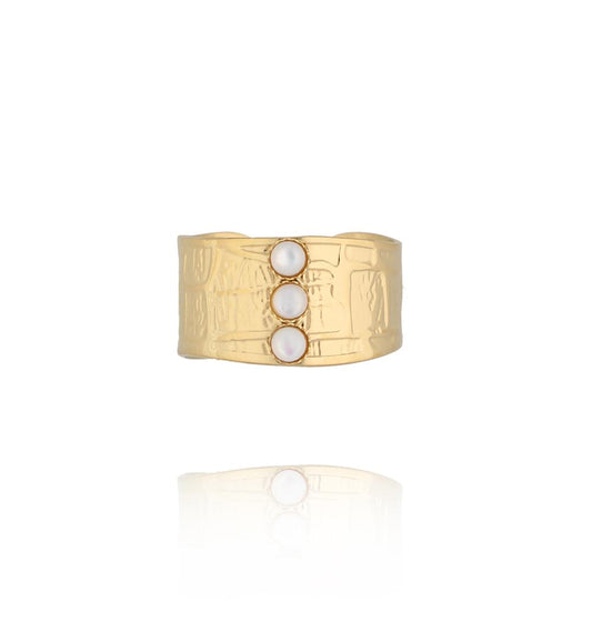 Gold Plated Cuff Ring with Three Pearl Stones 0035