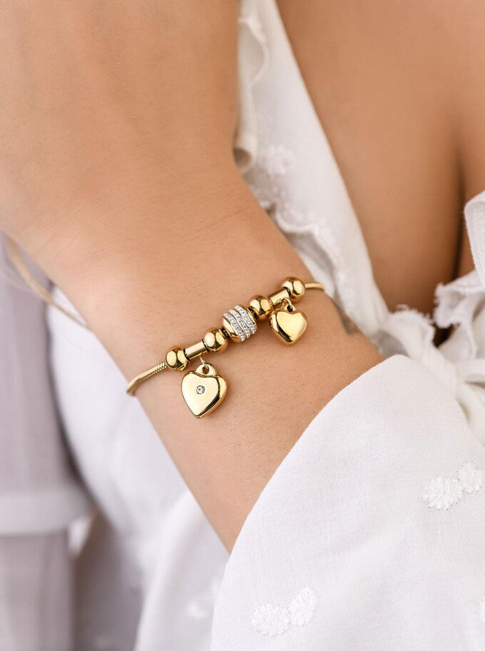 14k Gold Plated Statement Bracelet with Crystals Charm and Hearts s108490