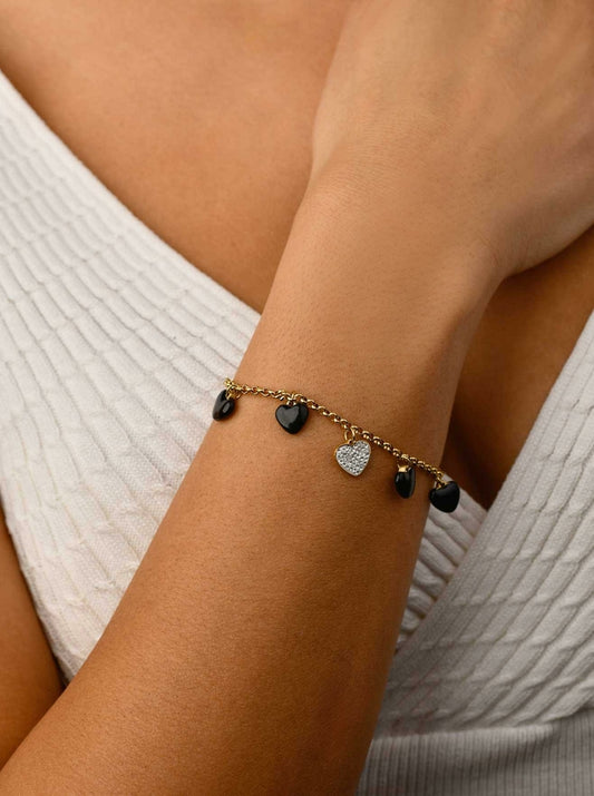 14k Gold Plated Bracelet with Black & Crystal Hearts