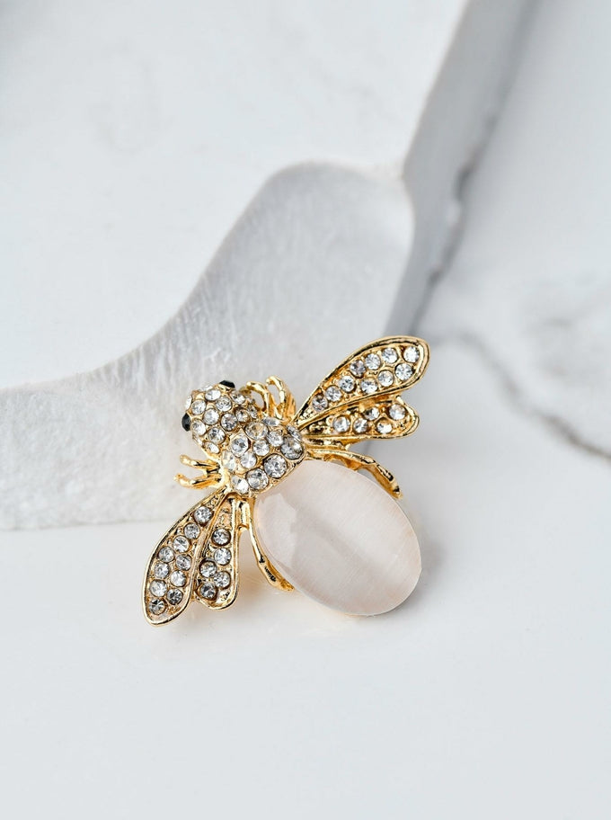 White Glass Crystals Fly Brooch
