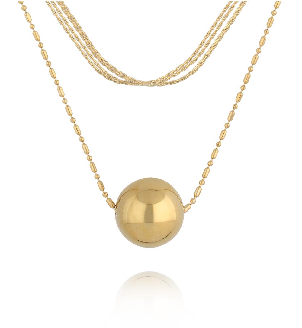 Gold Plated Multi Layered Chain Necklace with Gold Ball 0572