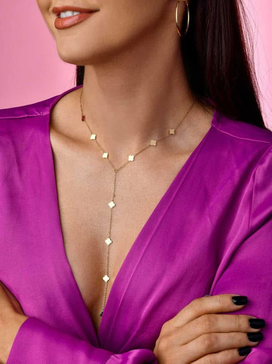 14K Gold Plated Lariat Necklace with Small Gold Clovers