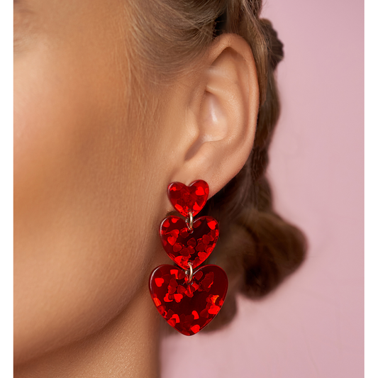 Triple Red Hearts Earrings