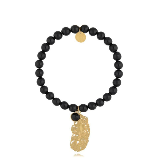 Gold Plated Black Tourmaline Stones Bracelet with Feather and Crystal