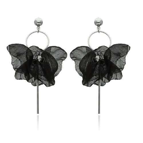 Antiallergic Black Silk Flower Earrings with Silver Stalactite & Beads