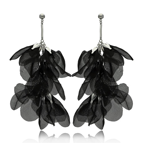 Antiallergic Black Silk & Silver Chains Earrings