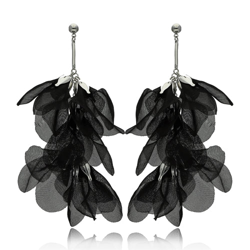 Black Silk Flower Earrings with Silver Finishing