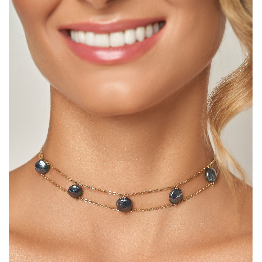 Double Chain Choker with Gray Pearls Moa