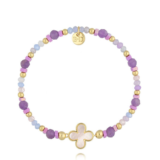 Amethyst and Purple Glass Crystals Bracelet with Pearl Clover