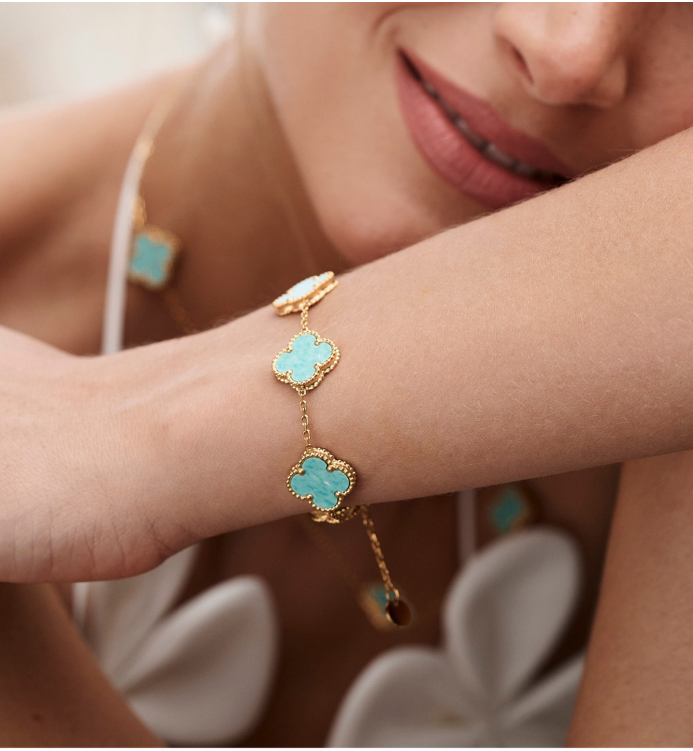 Gold Plated Tiffany Turquoise Clovers Bracelet 0337
