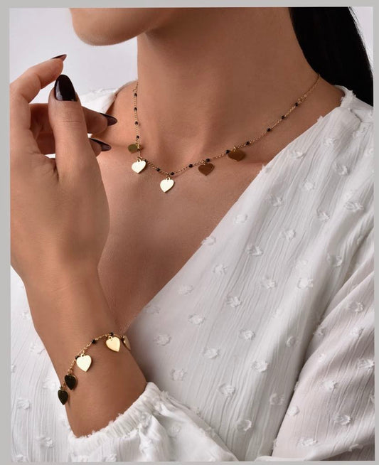Gold Plated Hearts Necklace with Black Beads (CL)