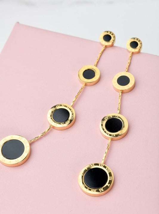 14k Gold Plated Black Enamel Circles Tassel Earrings