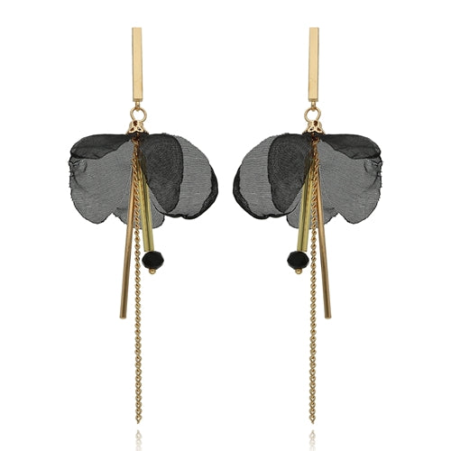 Silk Black Flower Earrings with Gold Chains and Crystals