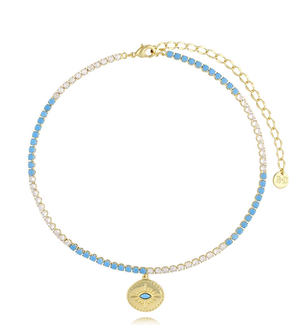 Turquoise Blue and Transparent Zirconia Tenis Crystals Necklace with Blue Eye Pendant