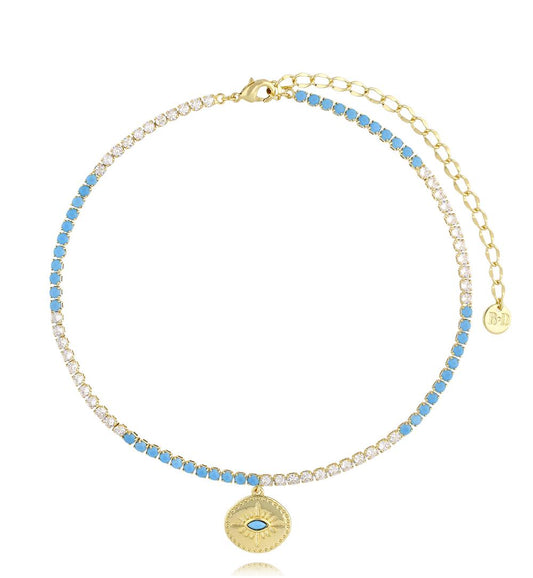 Turquoise Blue and Transparent Zirconia Tenis Crystals Necklace with Blue Eye Pendant