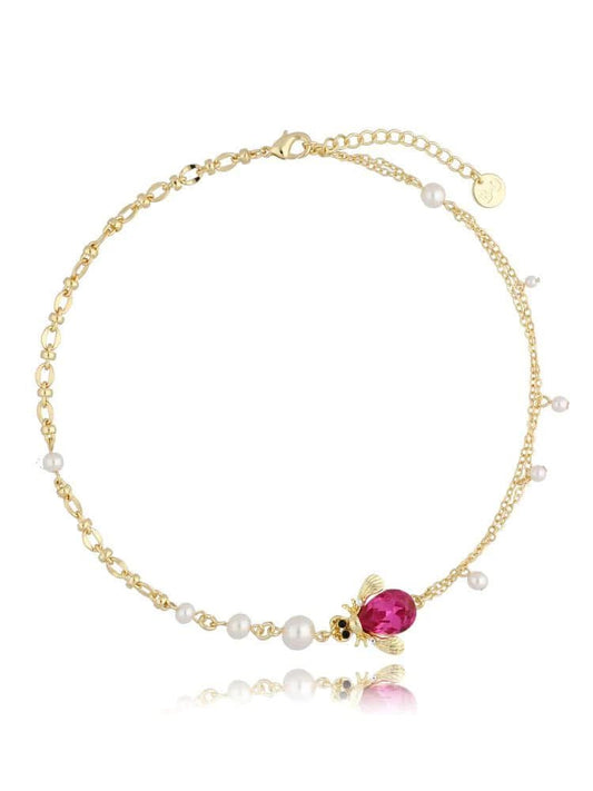 Double Chain Necklace with Fuchsia Beetle and Pearls Morning Dew
