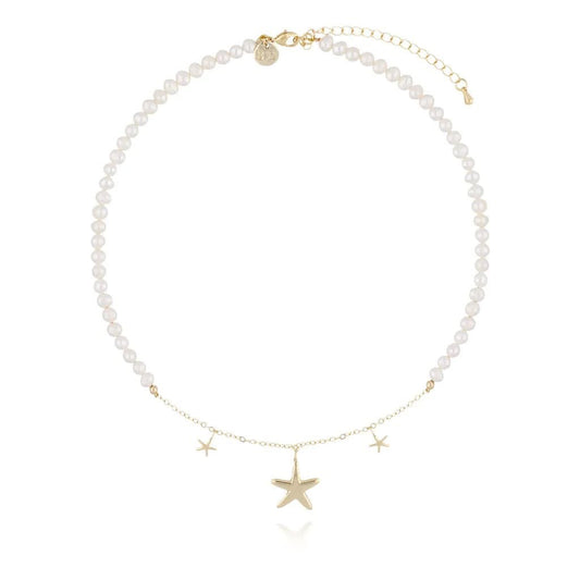 White Pearl Necklace with Three Gold Stars