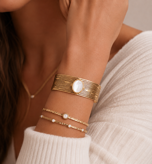 Gold Plated Earth Song Wide Cuff Bracelet with White Pearl