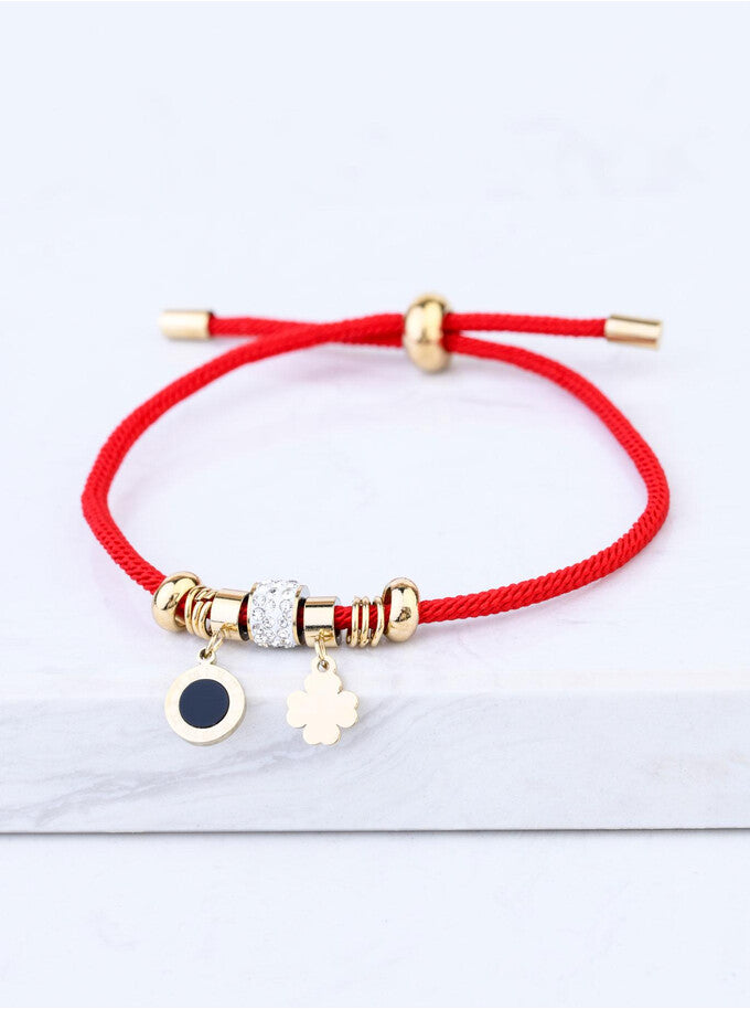 Lucky Red String Bracelet with Crystals Charm and Clover