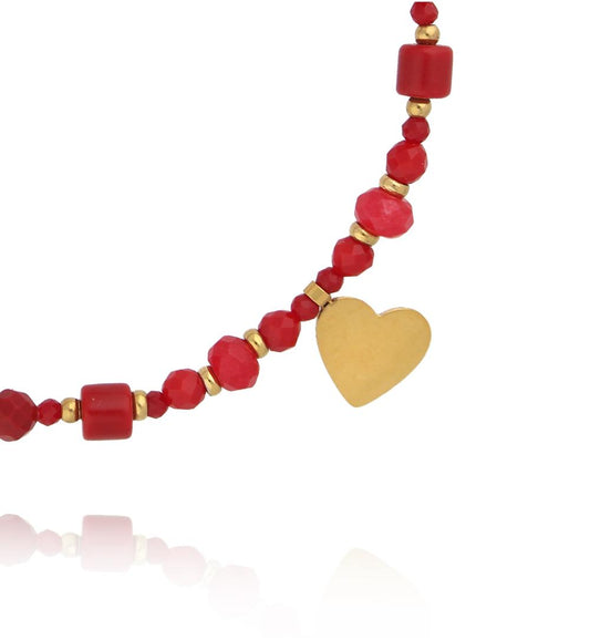 Gold Plated And Red Jadeite Stones Bracelet with Heart Good Luck